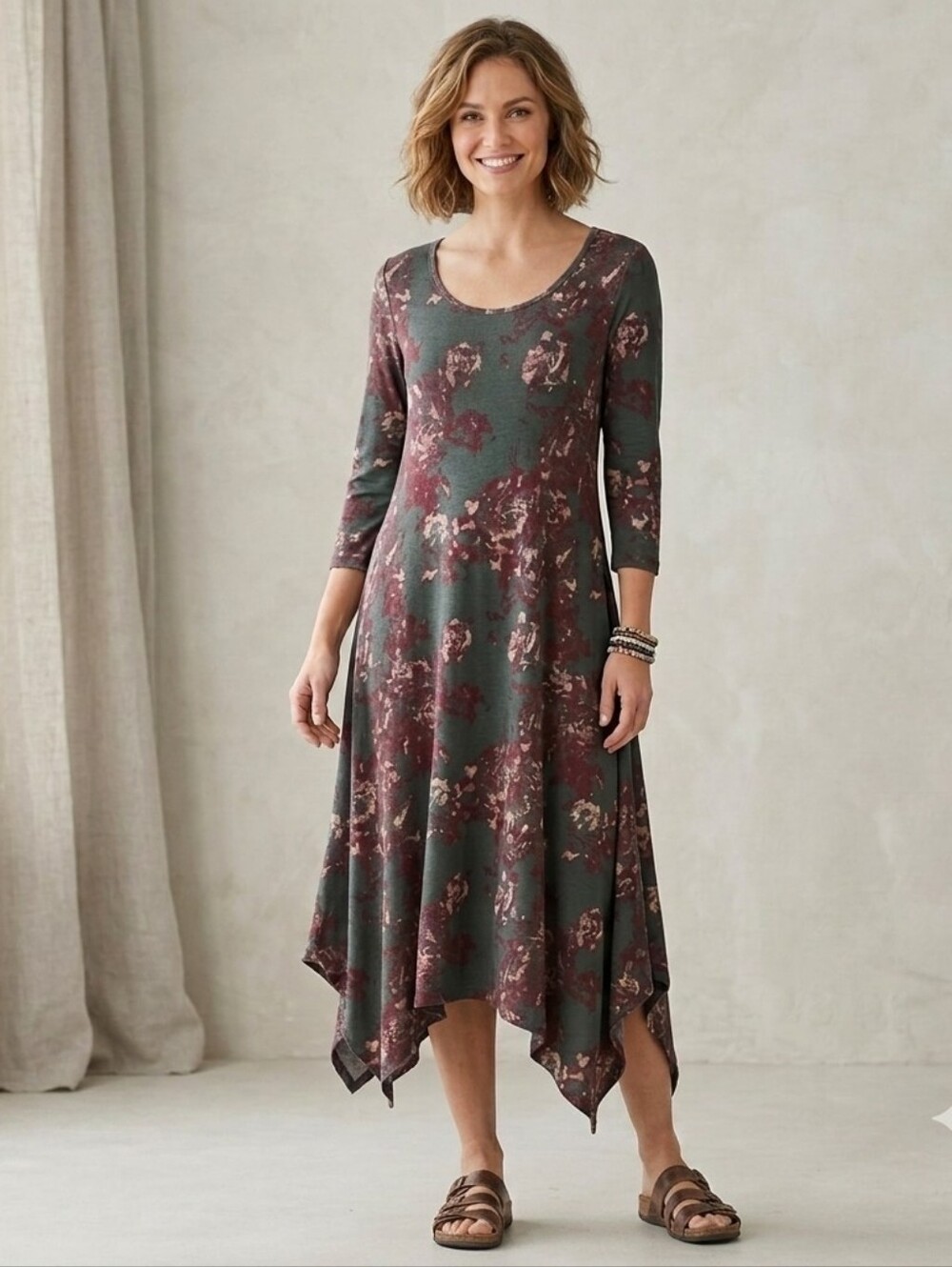 Soft Surroundings NWT Women's Size M Gray Purple Printed Scoop Neck Midi Dress